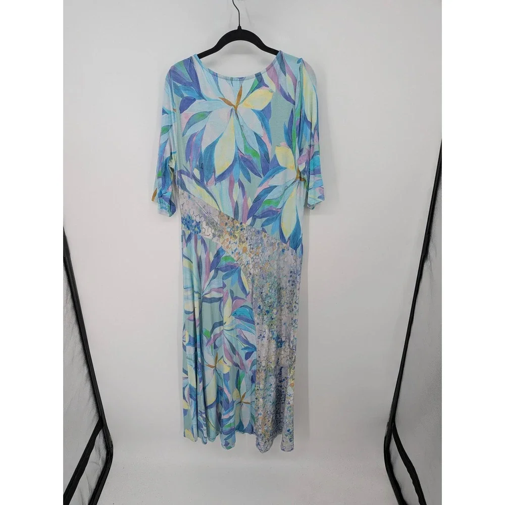 Soft Surroundings Maxi Dress Womens Large Blue Floral Abstract Mixed Print Knit